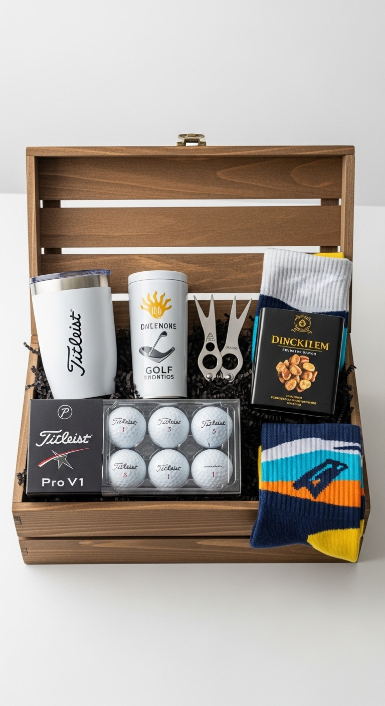 Thoughtfully Curated High-End Golf Gift Basket In A Rustic Wooden Crate Filled With Premium Accessories And Snacks
