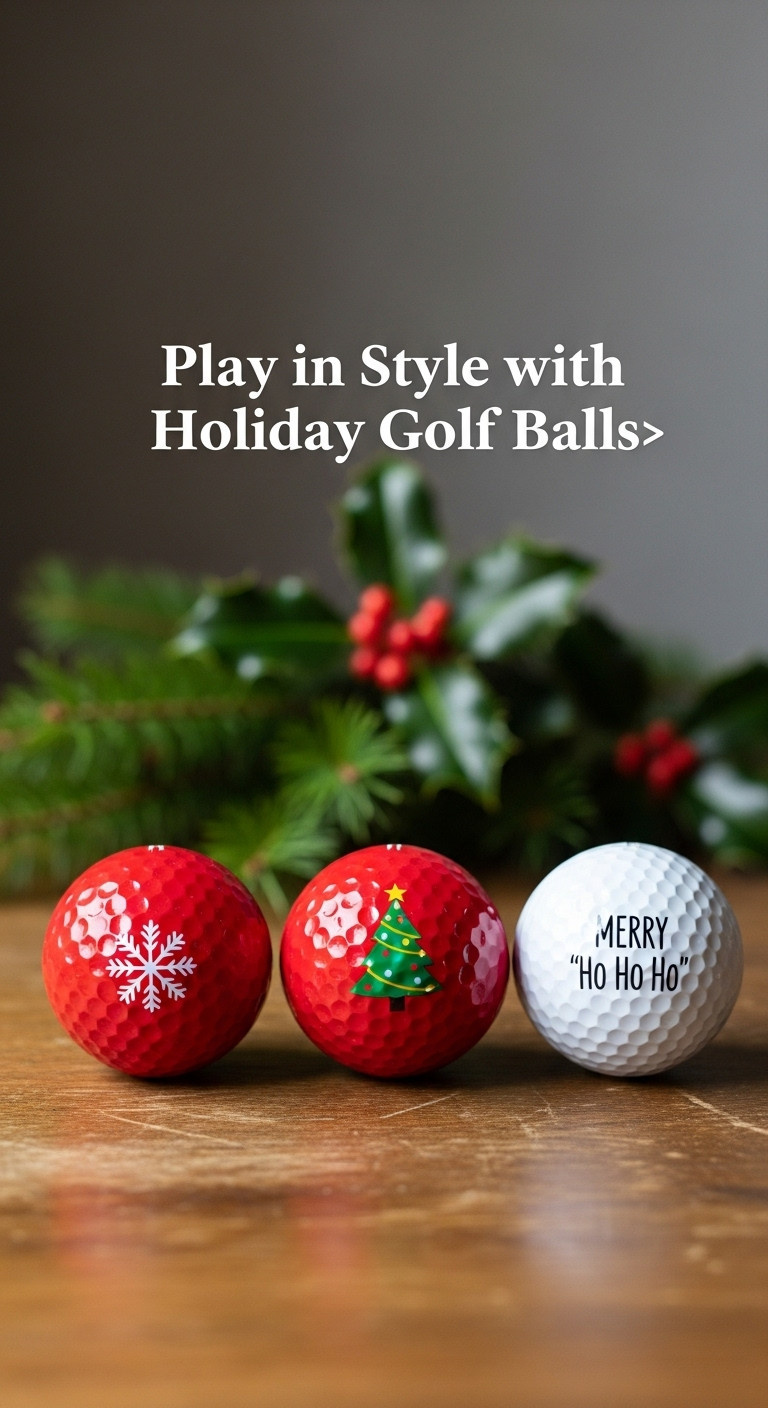 Three Golf Balls With Christmas Designs Snowflake Tree Ho Ho Ho On A Rustic Wooden Table