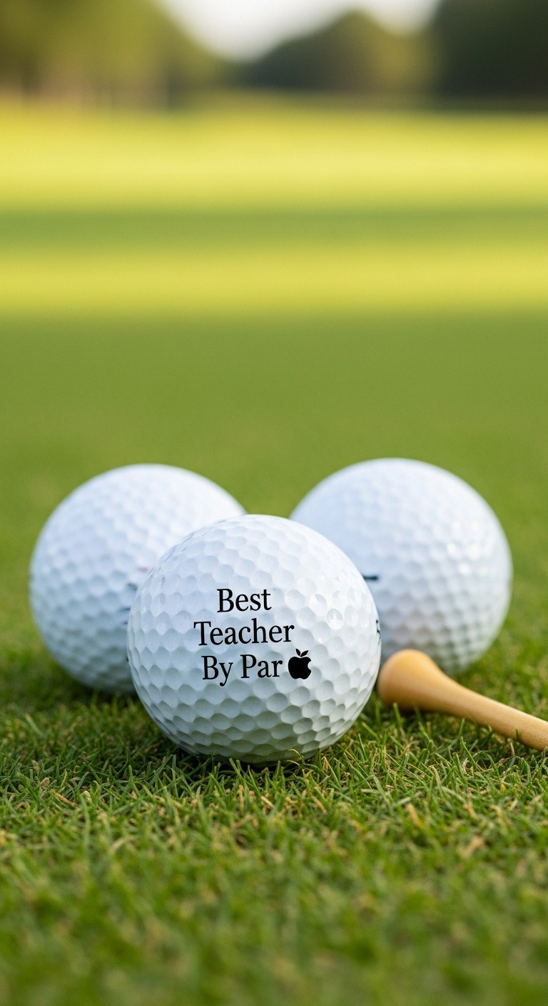Three Pristine White Golf Balls On Lush Green Grass With One Displaying Best Teacher By Par And A Small Apple Icon