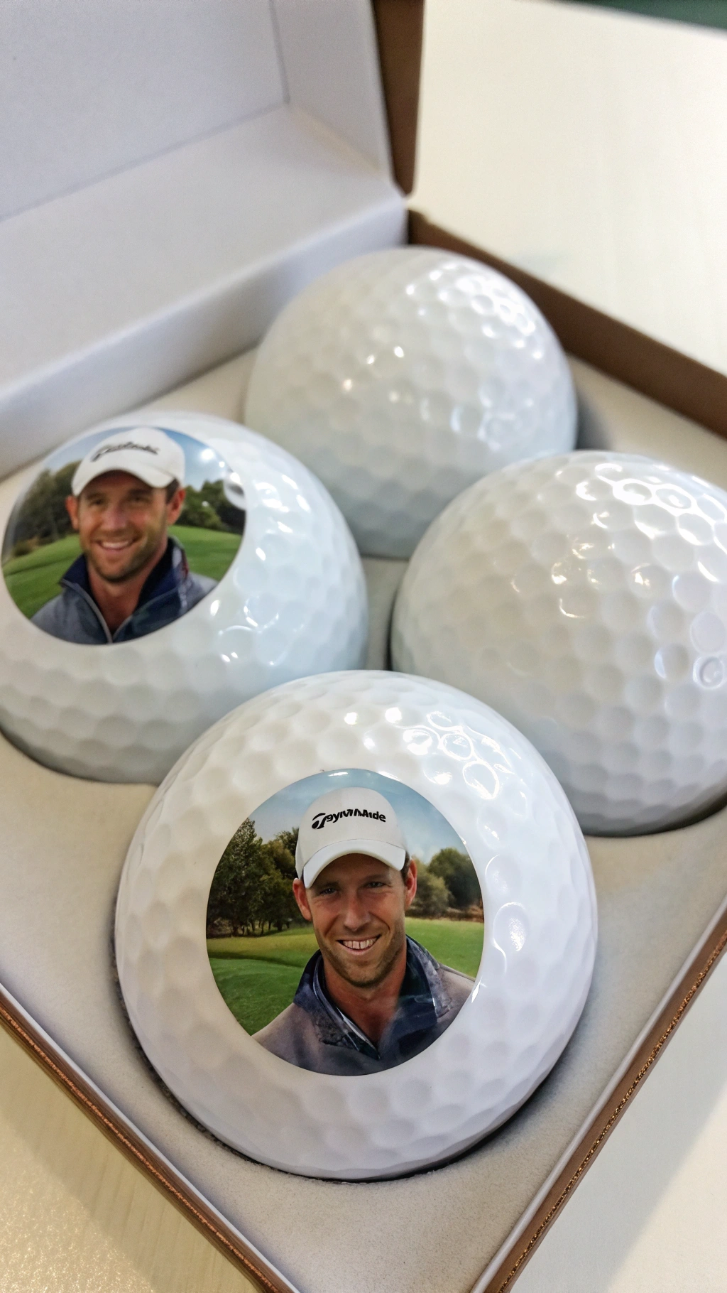 Three Pristine White Golf Balls With A Smiling Golfer'S Photo Arranged Neatly In Their Sleeve On A White Surface