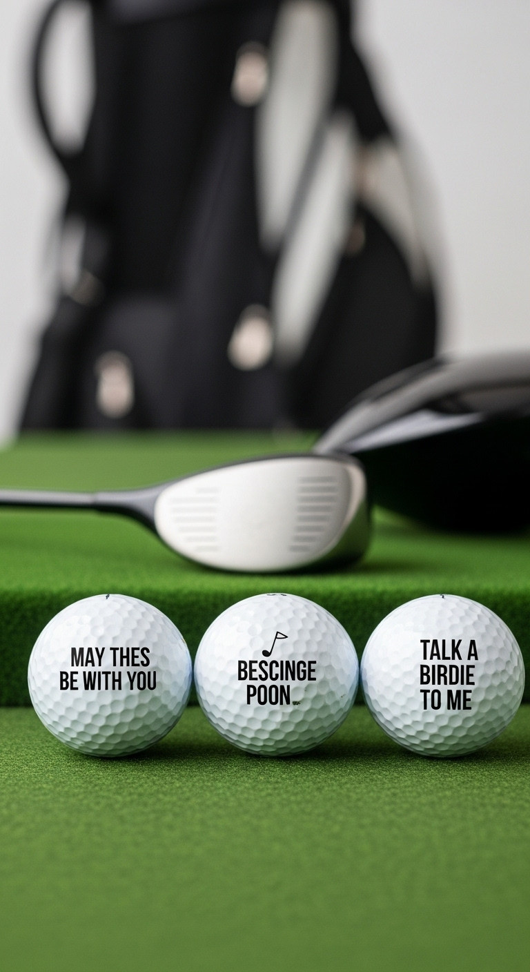Three White Golf Balls With Funny Golf Puns On A Green Felt Putting Surface With A Golf Bag And Driver