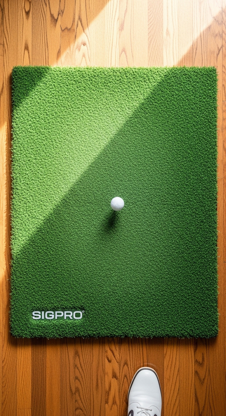 Top Down Flat Lay Of A Premium Golf Hitting Mat With A Golf Ball Teed Up And A Golf Shoe