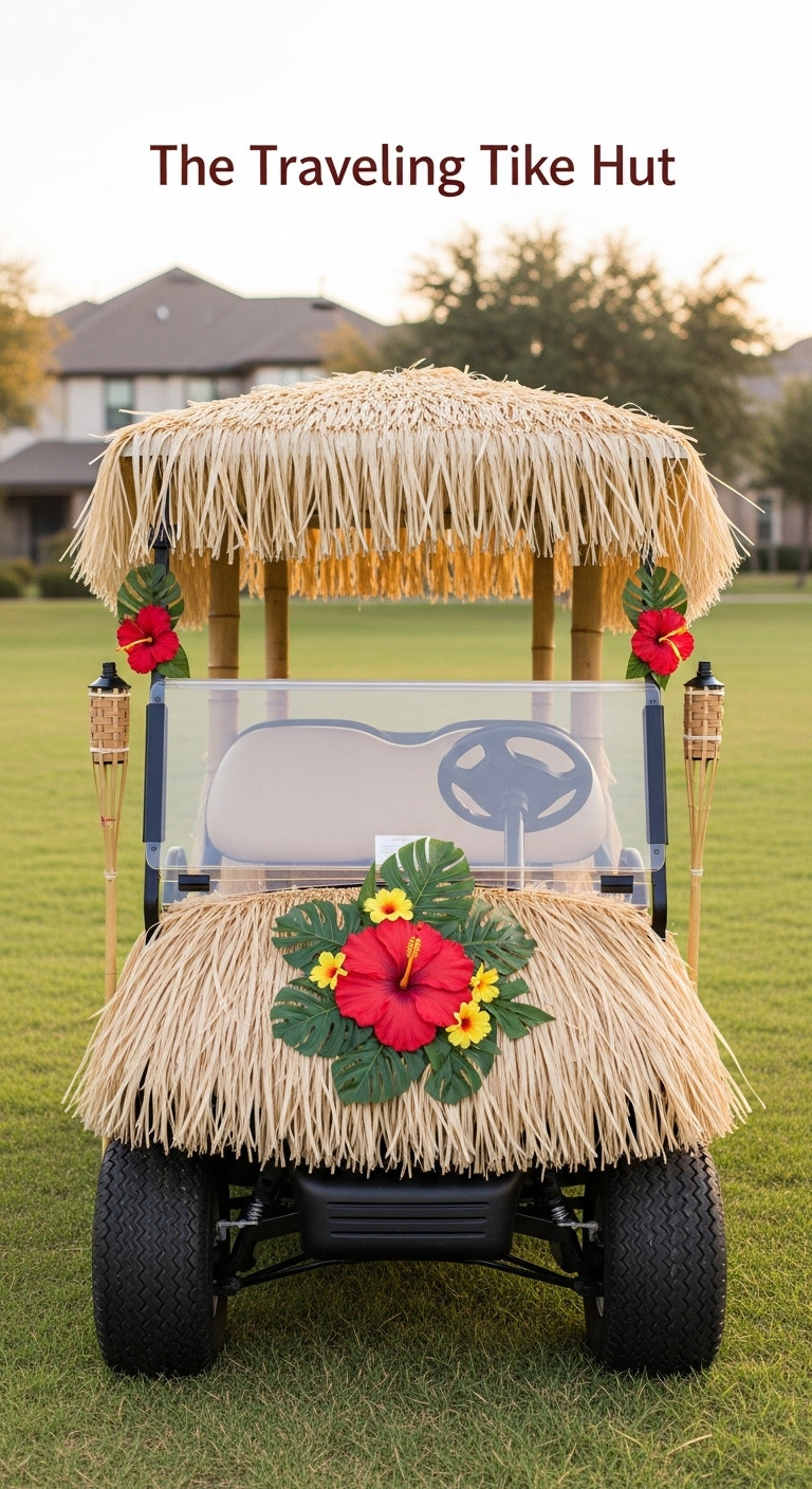 Traveling Tiki Hut Golf Cart With Raffia Grass Thatch Bamboo Poles Tiki Torches And Hibiscus Wreath For Hawaiian Christmas
