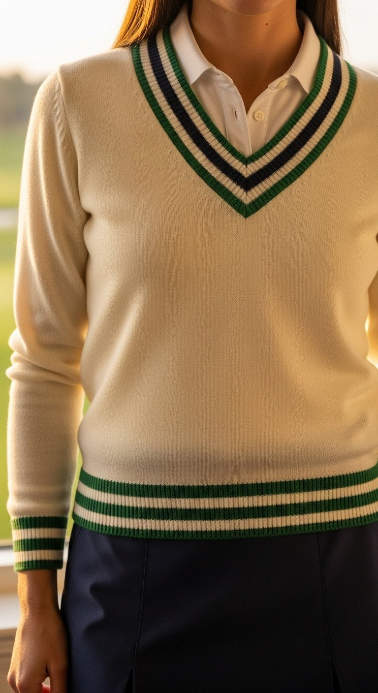 Trendy Golf Outfit Detail: Cream V-Neck Sweater With Green/Navy Stripes Over White Polo, Navy Skort, Cozy Country Club Style.