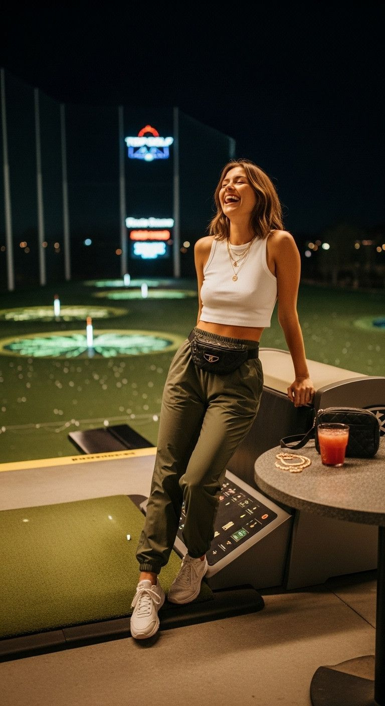 Trendy Woman In High-Waisted Olive Green Athletic Trousers, White Crop Top, Belt Bag, At Top Golf Range At Night.