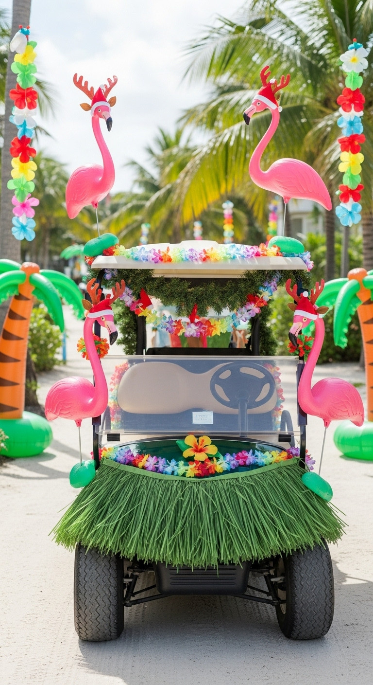 9 Dazzling Decorated Golf Cart Ideas For Christmas Parades Tropical Christmas Golf Cart With Grass Skirting Leis And Flamingos Wearing Santa Hats On A Sandy Path