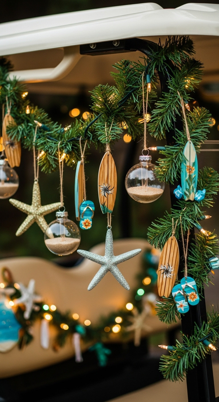 Tropical Ornament Extravaganza Golf Cart Roof Support With Pine Garland Surfboards Starfish Sand Balls And Flip Flops