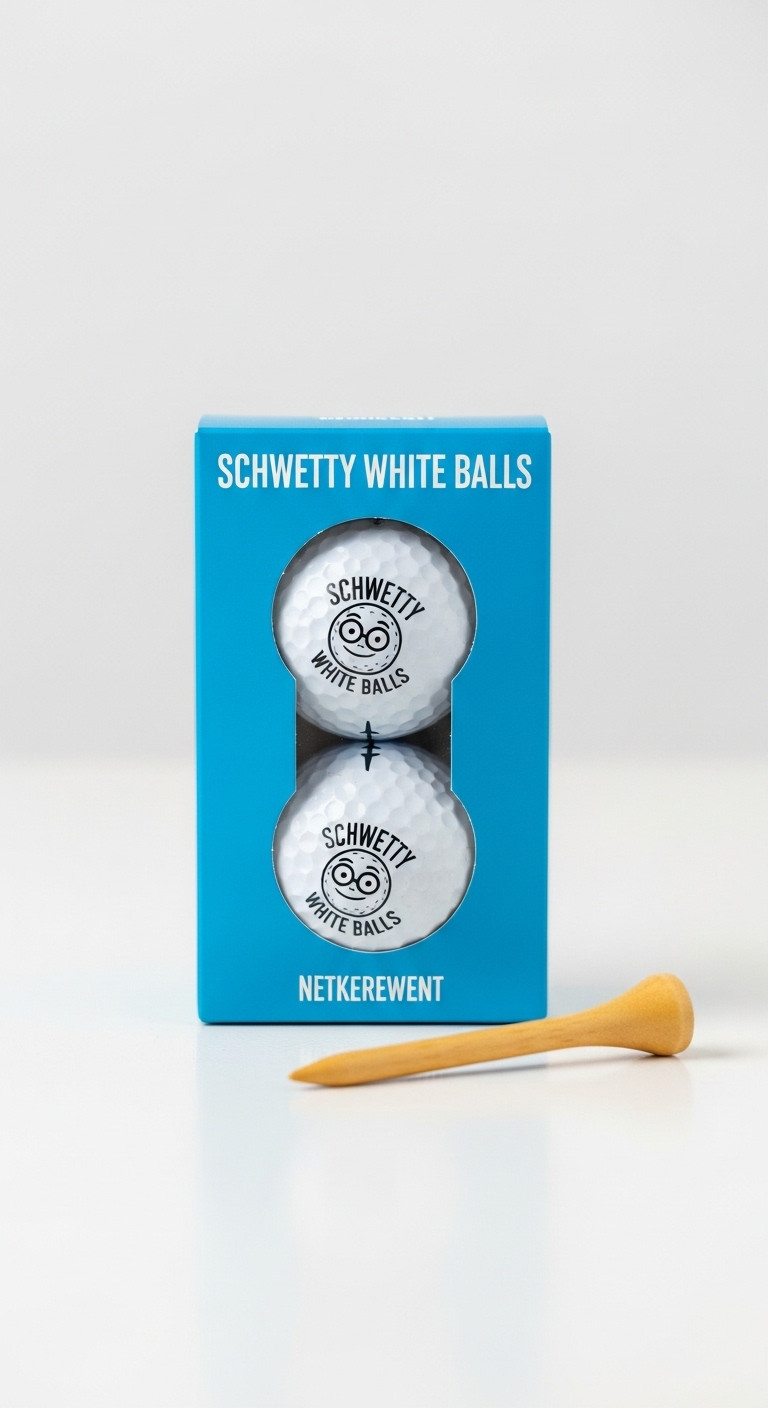 Two Schwetty White Balls In Packaging Resting On A Clean White Surface With A Single Golf Tee