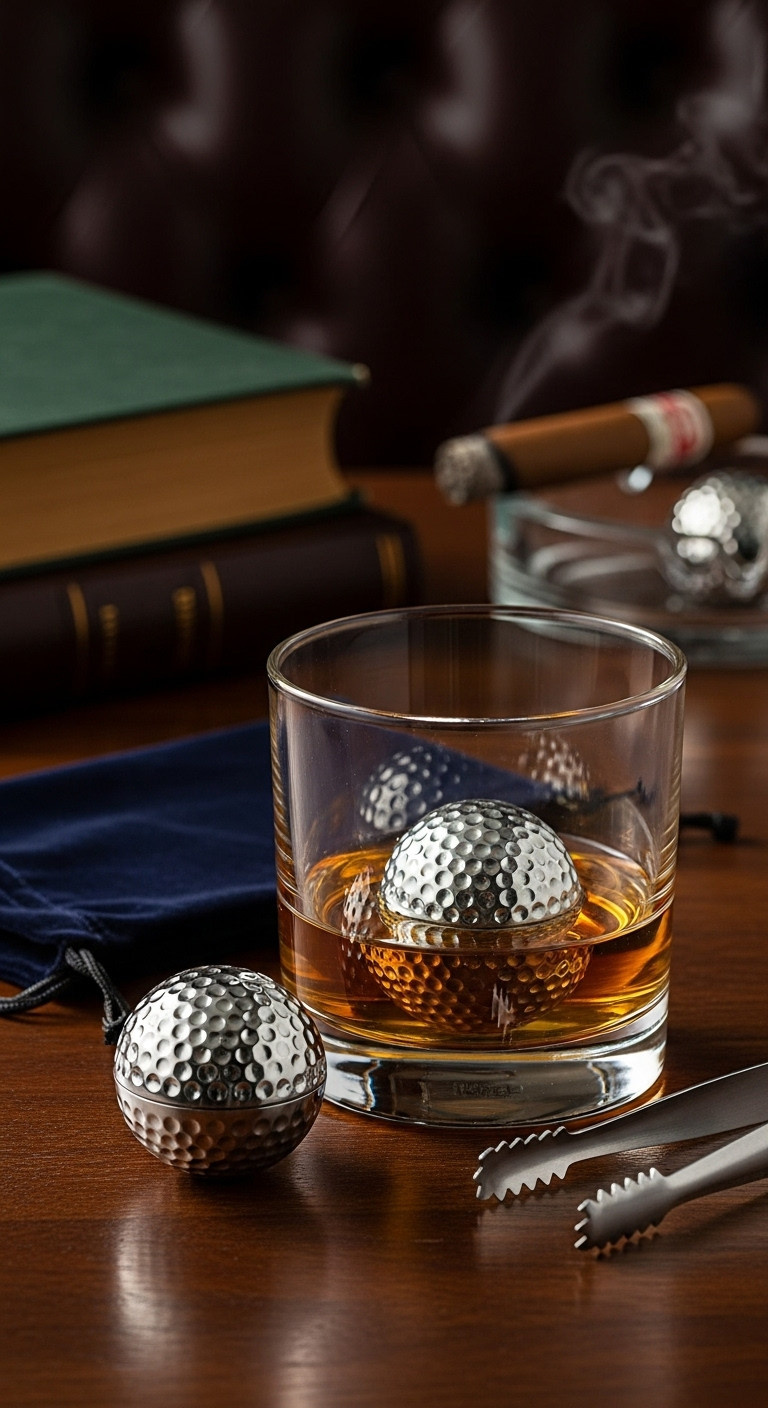 Two Golf Ball Whiskey Chillers In A Lowball Glass With Bourbon On A Wooden Table