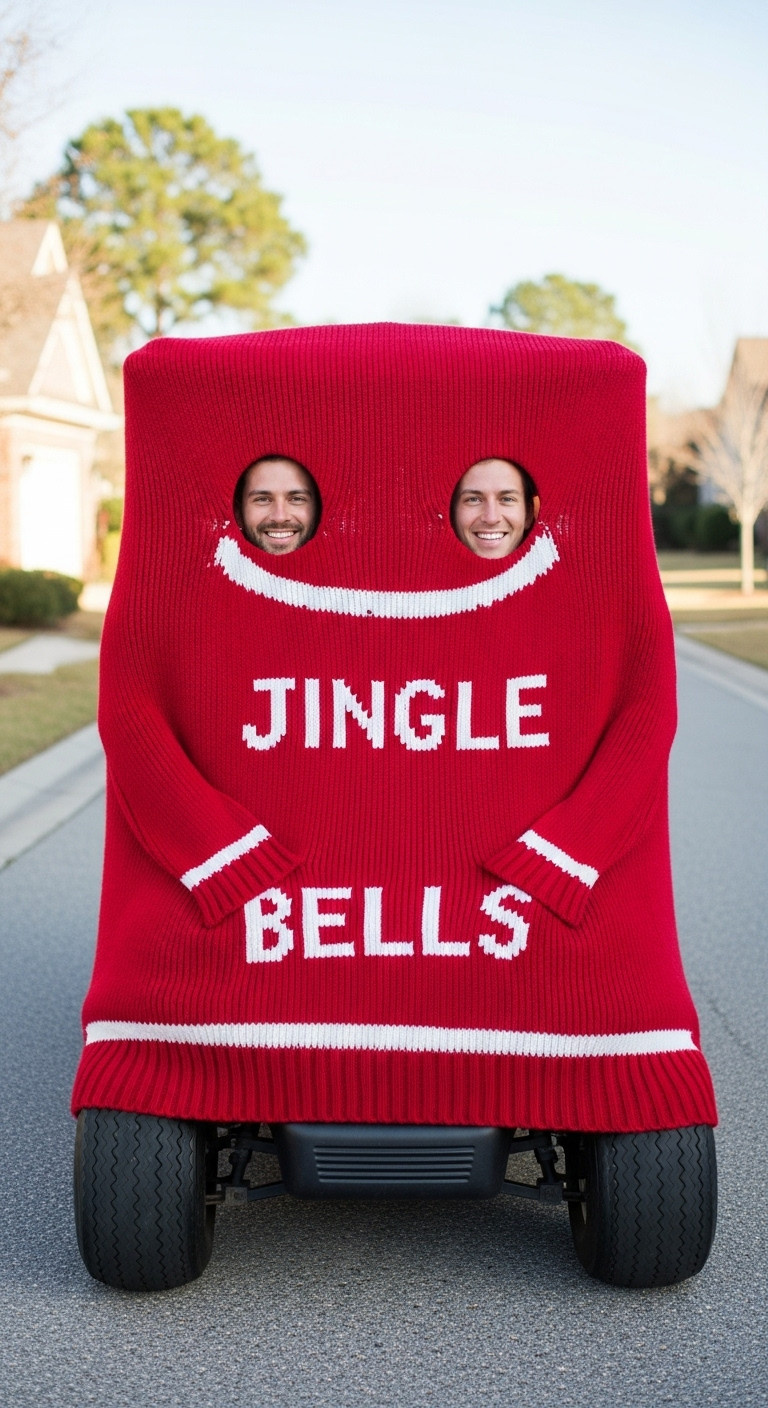 Two Person Couples Sweater Golf Cart Ugly Christmas Decor Giant Sweater Jingle Bells Funny Holiday Parade Interactive Golf Cart