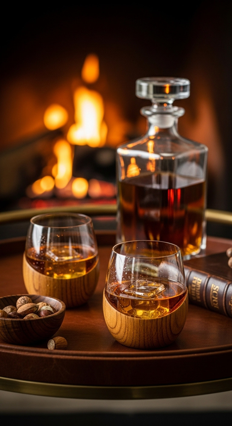 Two Wood Bourbon Glasses Next To A Decanter, One Filled With Amber Bourbon And Ice On A Leather Bar Cart