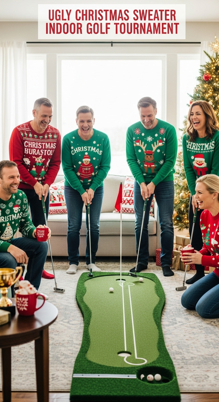 9 Fun Golf Themed Christmas Party Ideas For Adults Ugly Christmas Sweater Indoor Golf Tournament Adult Party Fun Games Festive Attire Living Room Holiday Activity
