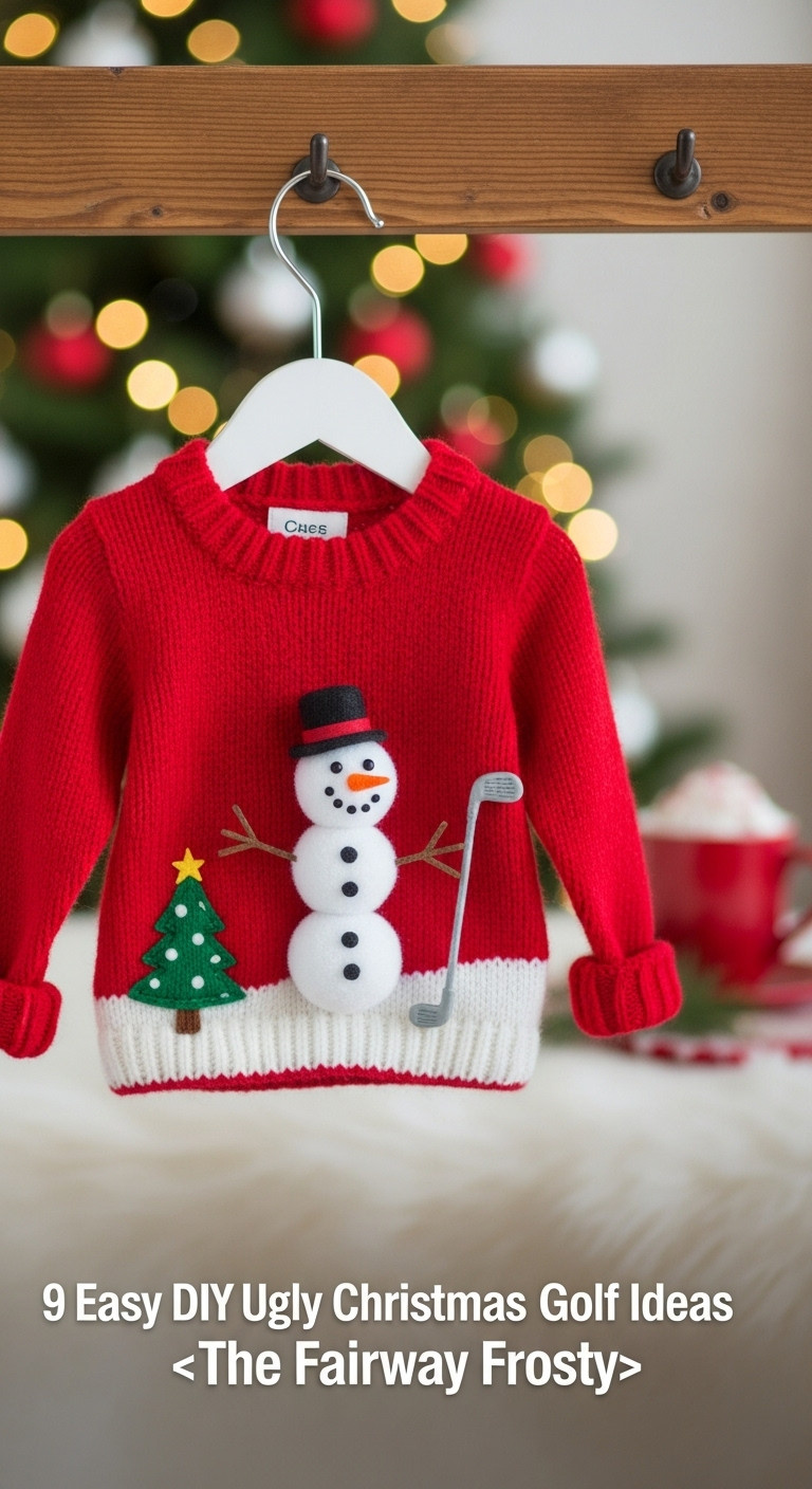 Ugly Christmas Sweater With A Snowman Made From Golf Ball-Like Pom-Poms Holding A Tiny Golf Club
