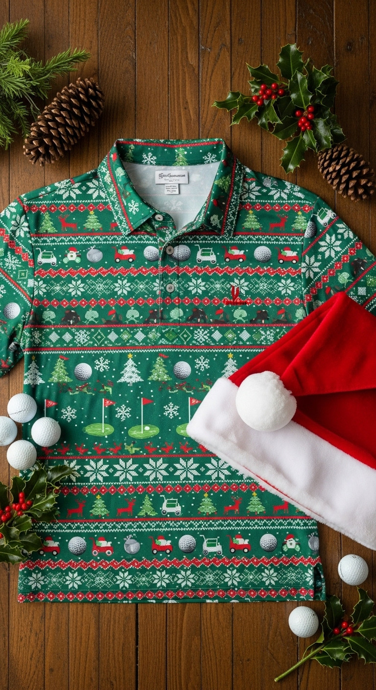 11 Funny Christmas Golf Shirts For Your Festive Fairway Style Ugly Sweater Style Fairway Polo Funny Christmas Golf Shirt Festive Golf Attire Flat Lay Holiday Golf Fashion Unique Design