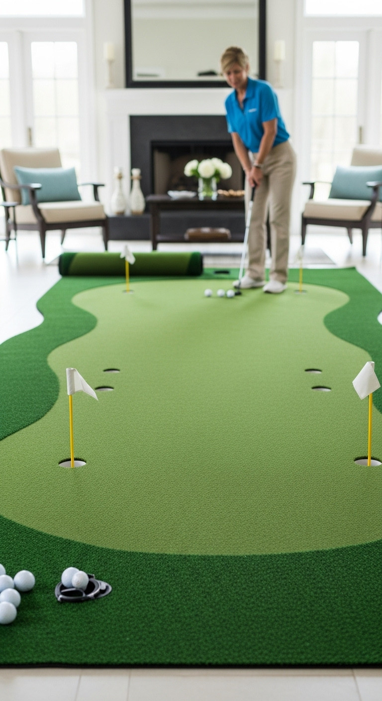 Ultimate Backyard Putting Green Mat With Multiple Holes Putter And Golf Balls On A Patio Or In A Den
