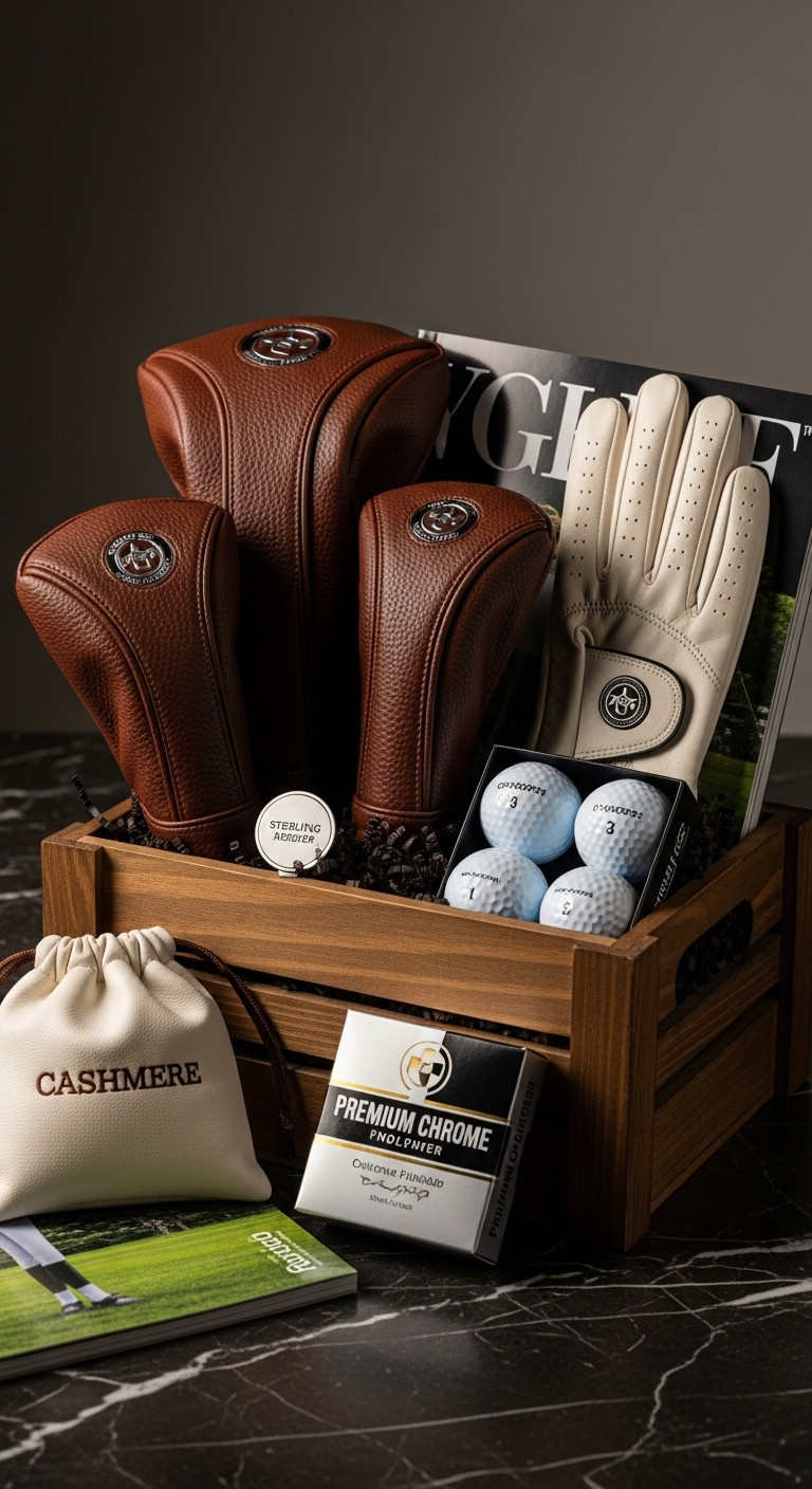 Ultra Luxury Golf Gift Crate With Leather Headcovers Silver Ball Marker Cabretta Glove And Premium Golf Balls For Christmas