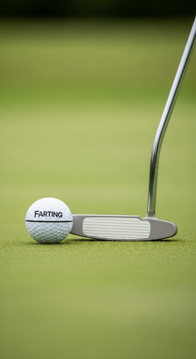 Unassuming Farting Golf Ball Resting On A Pristine Putting Green Next To A Putter Head In Bright Daylight