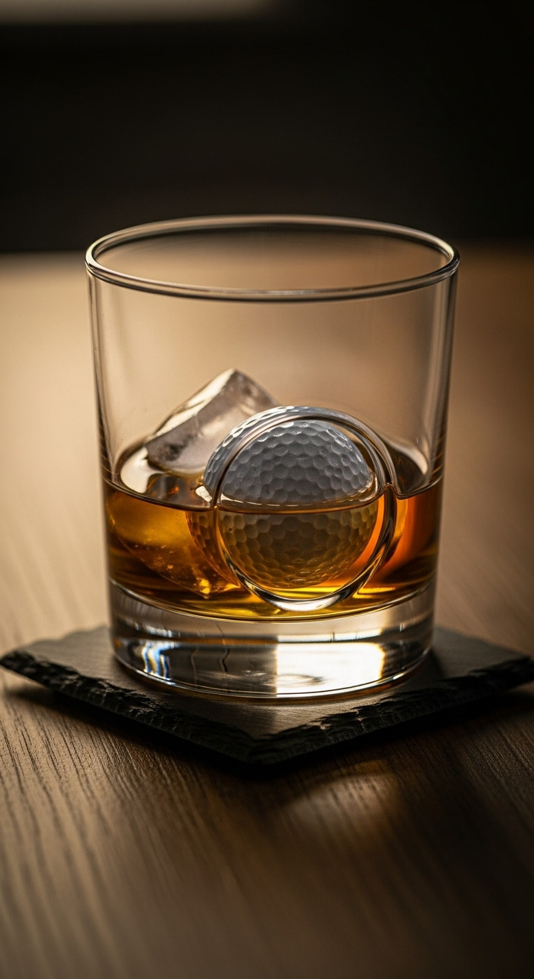 Unique Whiskey Glass With A Real Golf Ball Embedded In Its Side Filled With Amber Whiskey And Ice On A Slate Coaster