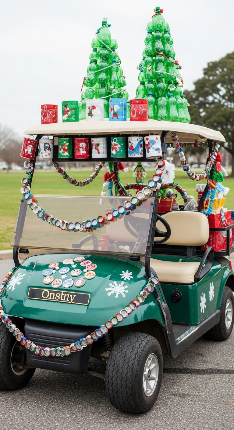 9 Dazzling Decorated Golf Cart Ideas For Christmas Parades Upcycled Christmas Golf Cart Decorated With Painted Tin Cans Plastic Bottles And Bottle Cap Garlands In A Park