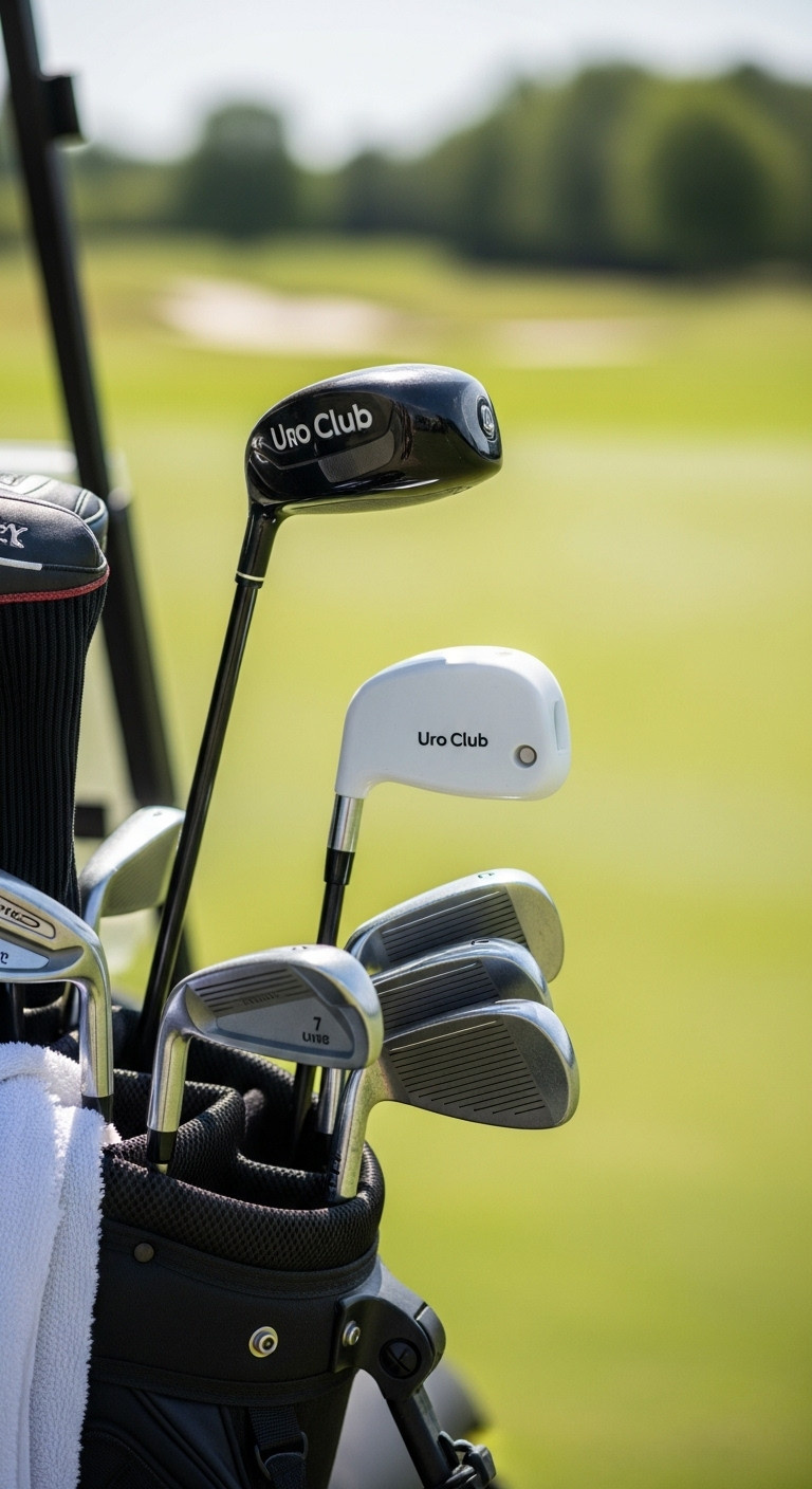 Uro Club Portable Urinal Disguised As A 7 Iron Golf Club In A Golf Bag Leaning Against A Golf Cart On A Green Fairway