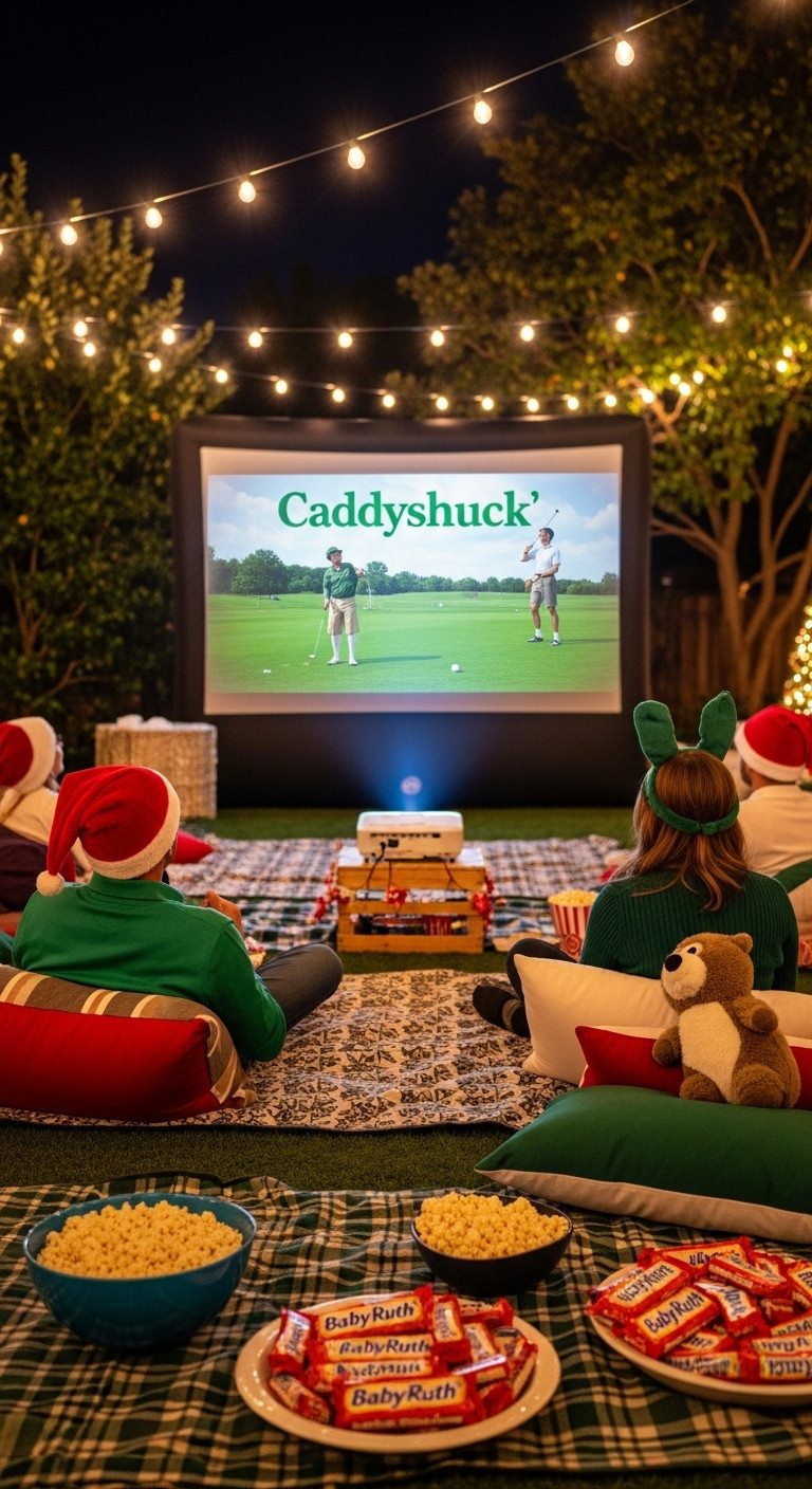 9 Fun Golf Themed Christmas Party Ideas For Adults Very Caddyshack Christmas Movie Night Outdoor Party Golf Themed Holiday Fun Movie Screen Guests Costumes Nostalgic Atmosphere