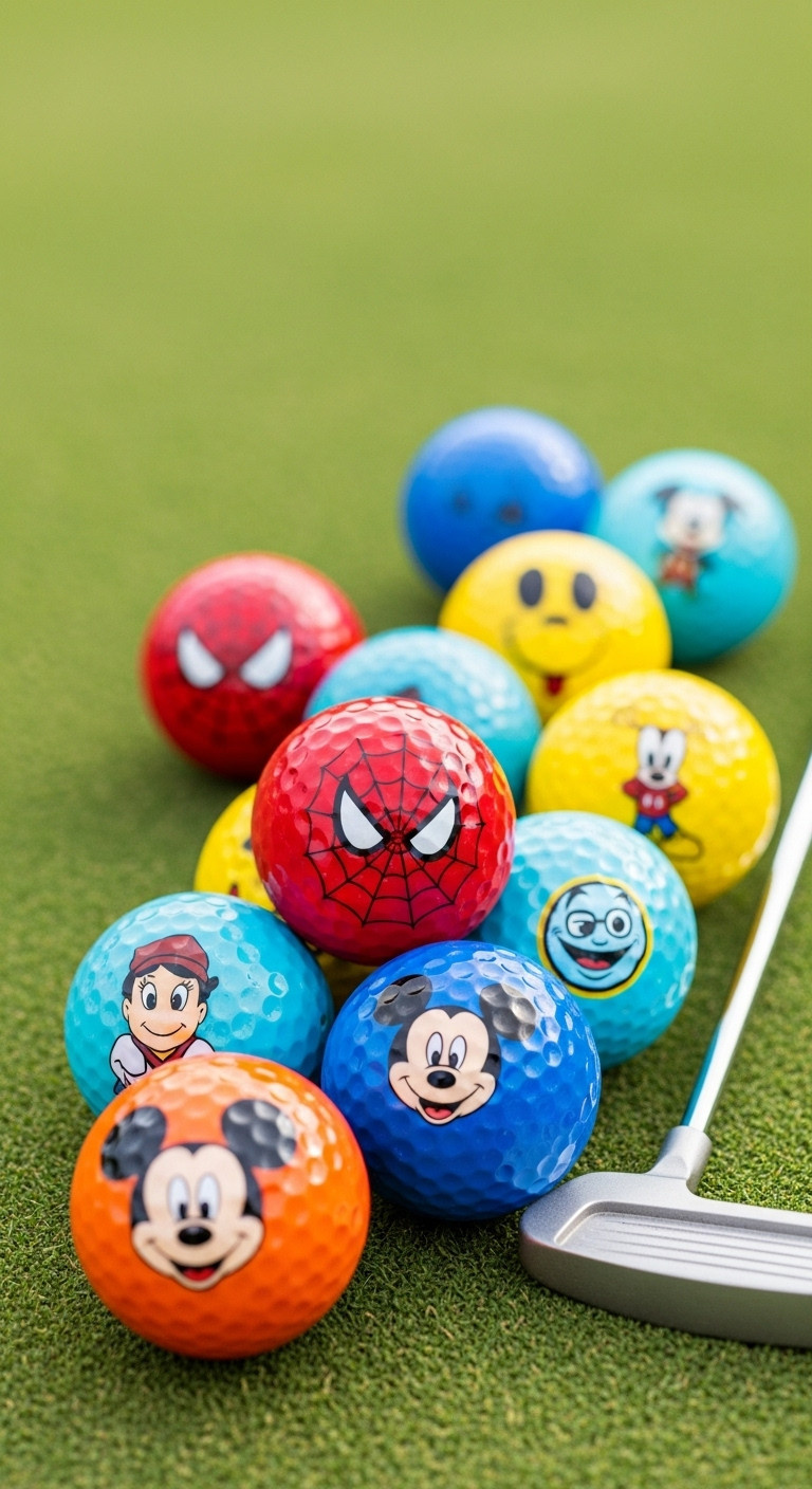 Vibrant Mickey Mouse And Spiderman Golf Balls Arranged On Green Turf With A Blurred Putter Head And Golf Course Background
