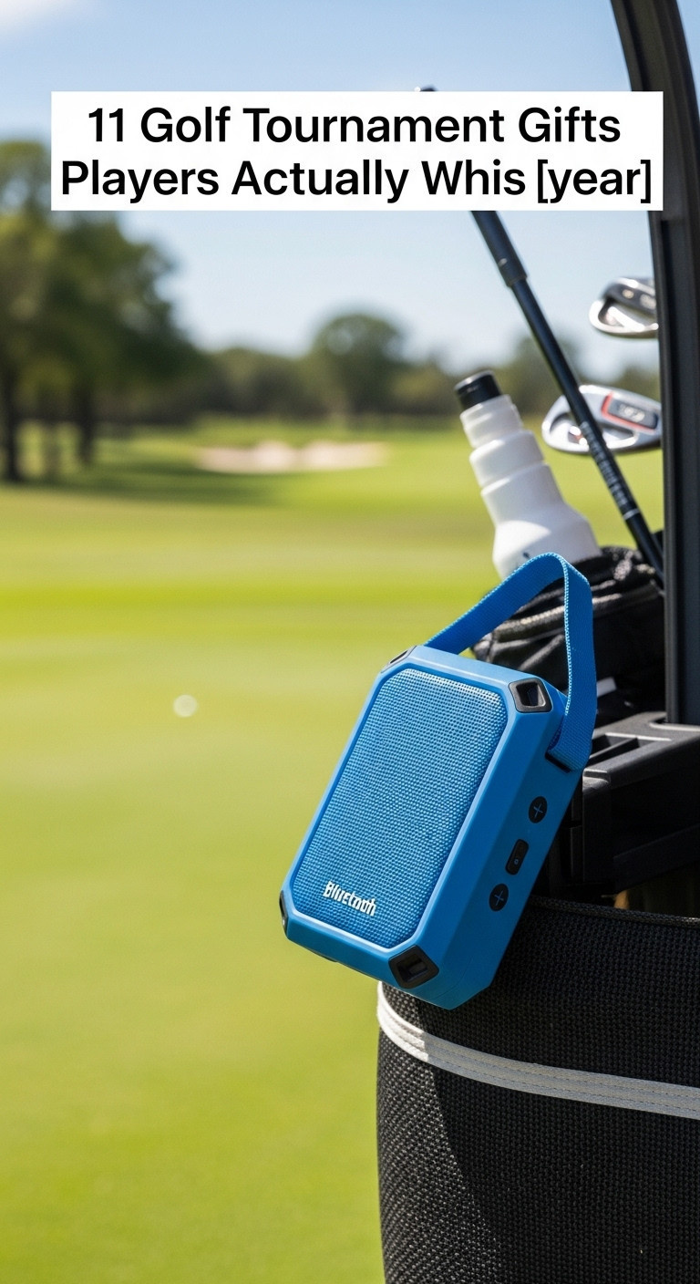 Vibrant Blue Portable Bluetooth Speaker Attached To A Golf Cart On A Sunny Course