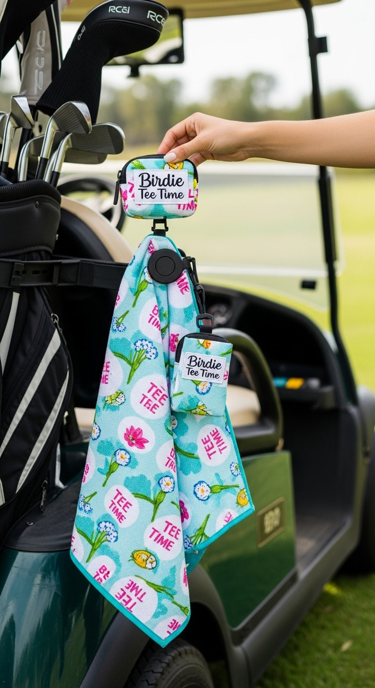 Vibrant Magnetic Golf Towel And Accessory Bag On A Golf Cart Frame