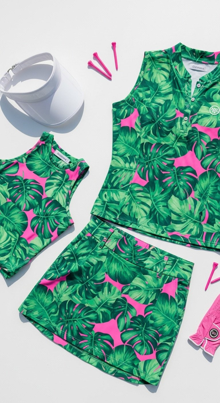 Vibrant Women'S Golf Outfit Flat Lay: Tropical Leaf Print Sleeveless Top &Amp; Skort, With White Visor, Pink Glove And Tees.