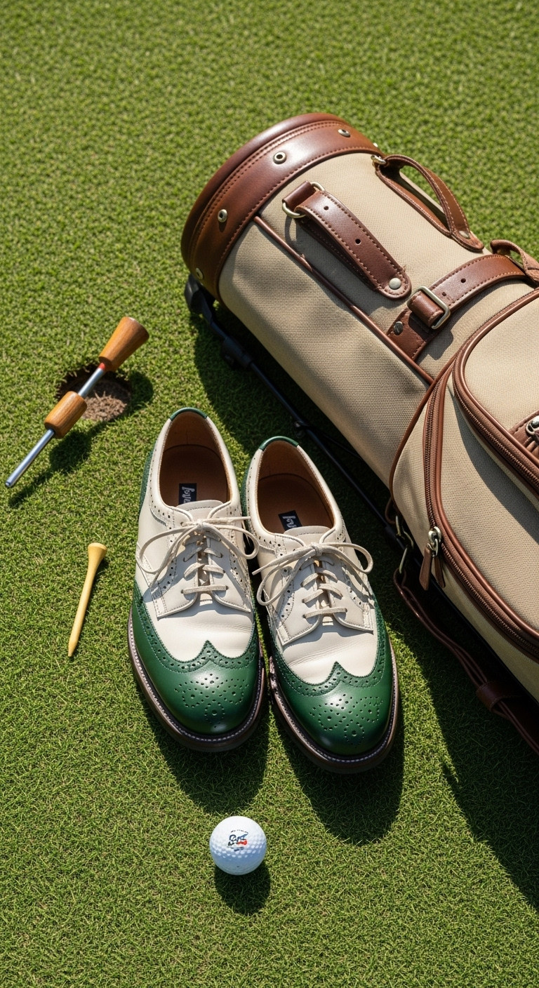 Vintage Wingtip Spikeless Golf Shoes In Cream And Forest Green Next To A Retro Canvas Golf Bag On A Manicured Tee Box.