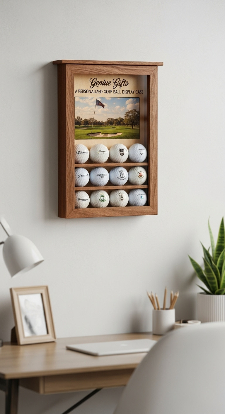 Wall-Mounted Personalized Golf Ball Display Case Filled With Logoed Golf Balls In A Home Office