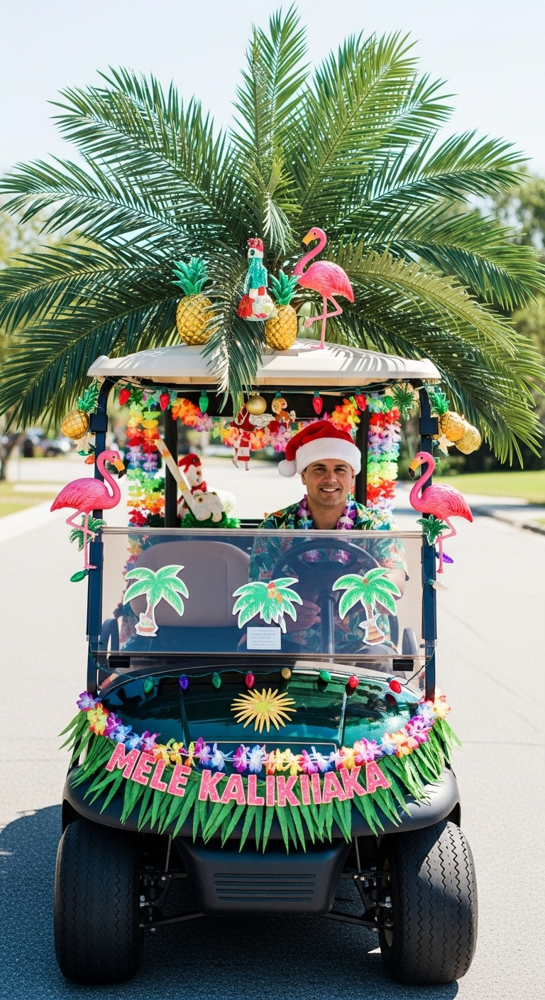 13 Stunning Golf Cart Decorating Ideas For Christmas Parades Warm Tropical Christmas Golf Cart With Palm Fronds Leis Flamingo Ornaments And A Santa In Hawaiian Shirt For Parade