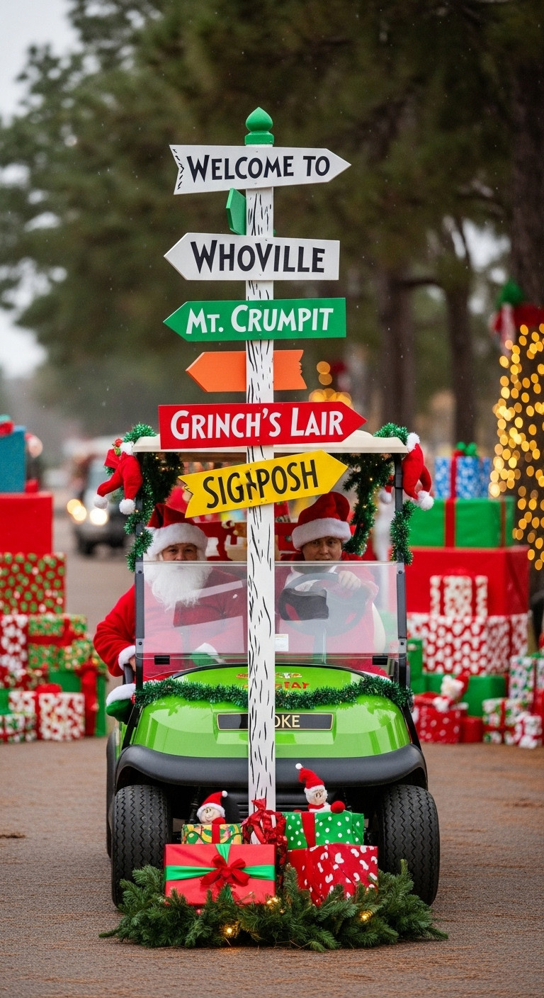 Welcome To Whoville Signpost Golf Cart With Whimsical Seuss Style Signpost And Colorful Decorations On A Parade Route
