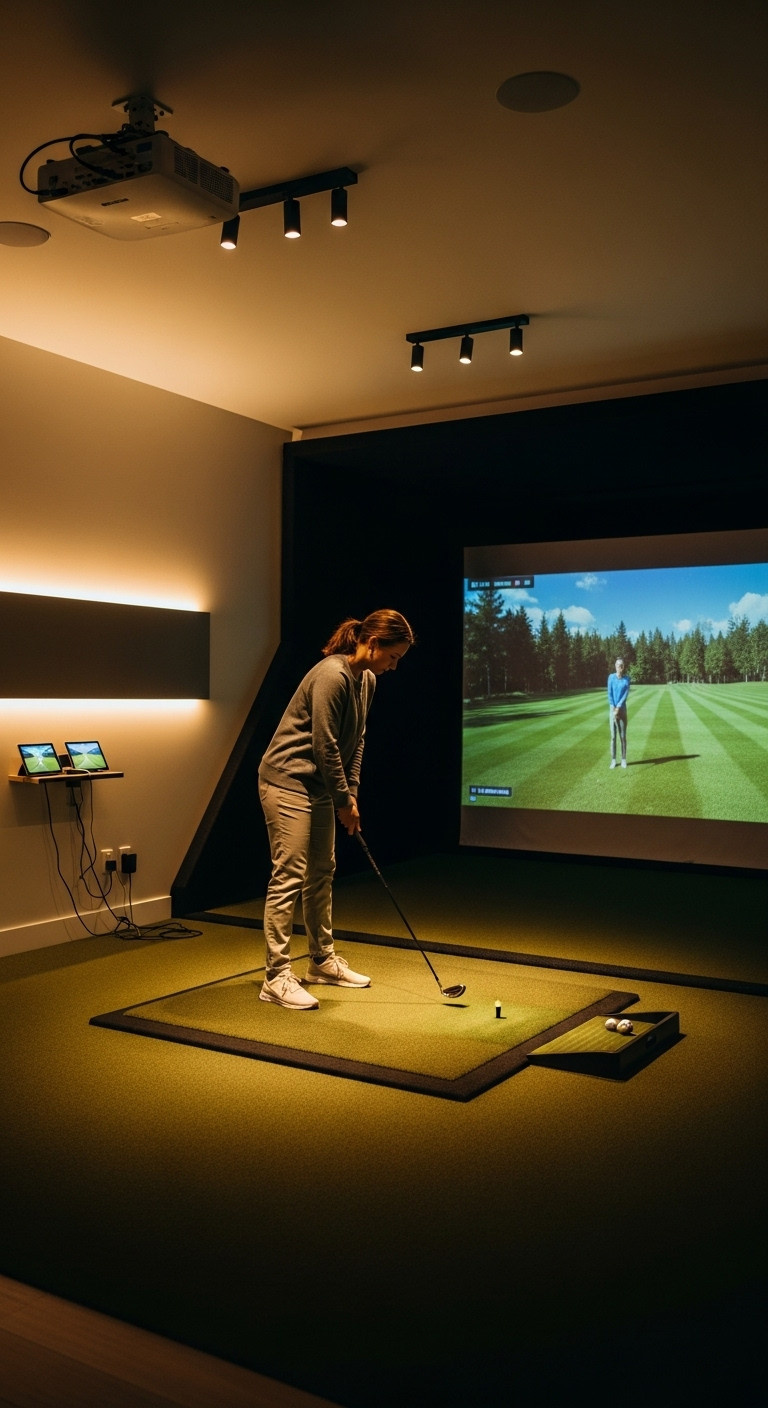 Design Your Perfect Golf Simulator Room Setup From Start To Finish Well-Lit Golf Simulator Room With Recessed Ceiling Lights And Focused Task Lighting Enhancing Screen Visibility, No Glare. Smart, Functional Home Golf Design.