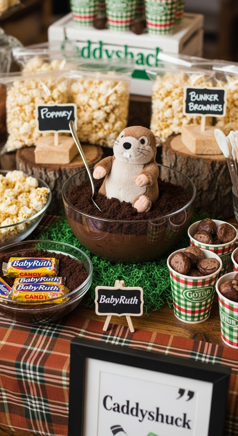 Whimsical Caddyshack Themed Food Station With Gopher Chocolate Pudding Baby Ruth Candy And Bunker Brownies