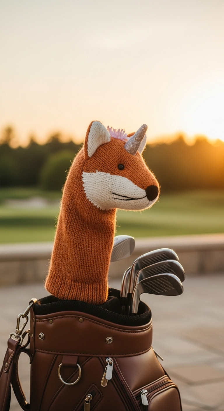 Whimsical Knit Animal Headcover Peeking From A Premium Leather Golf Bag On A Country Club Patio At Sunset