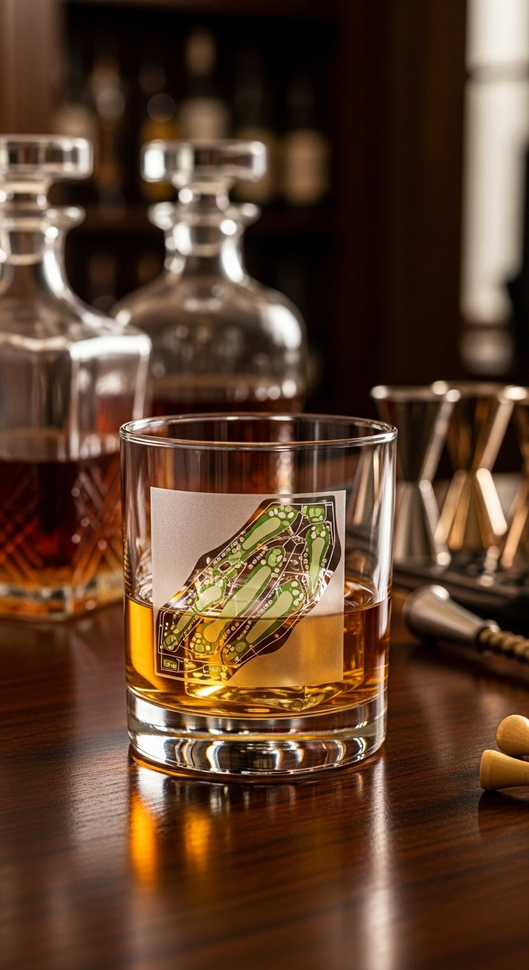Whiskey Glass Etched With A Golf Course Map On A Home Bar With Ice And Golf Tees