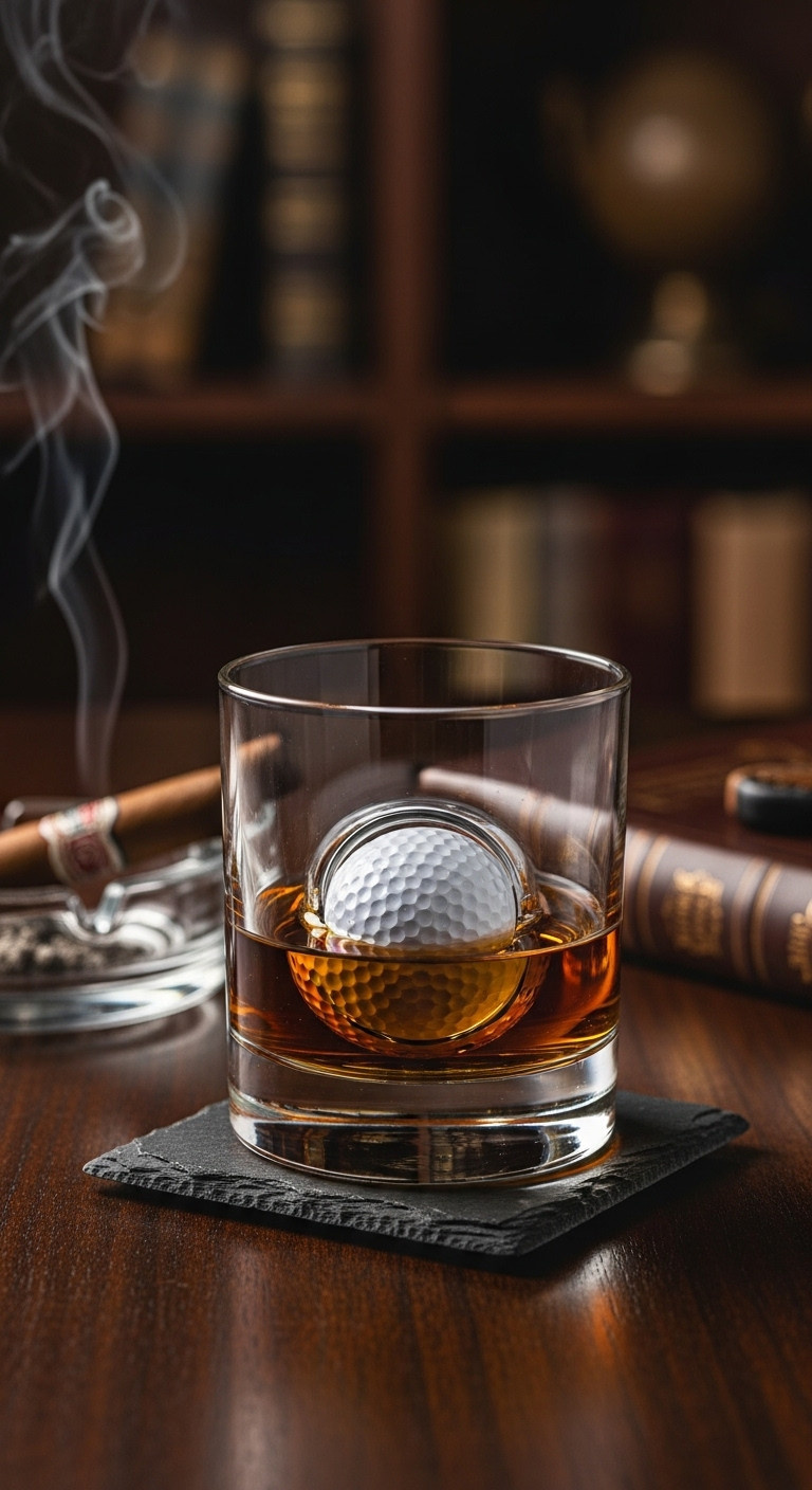 Whiskey Glass With An Embedded Golf Ball, Ice, And Dark Liquor On A Slate Coaster In A Sophisticated Study