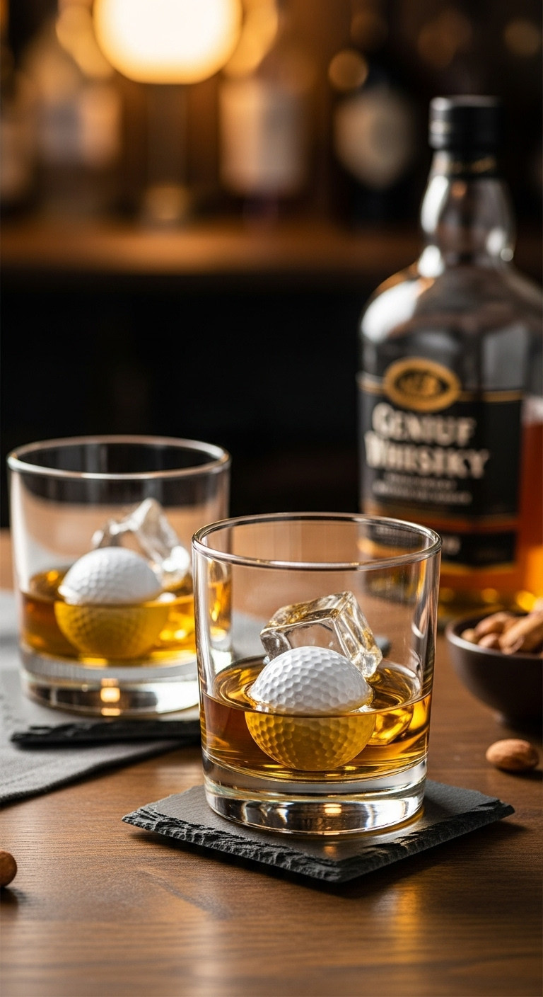 Whiskey Rocks Glasses With Embedded Golf Balls And Ice On A Slate Coaster In A Blurred Home Bar Setting