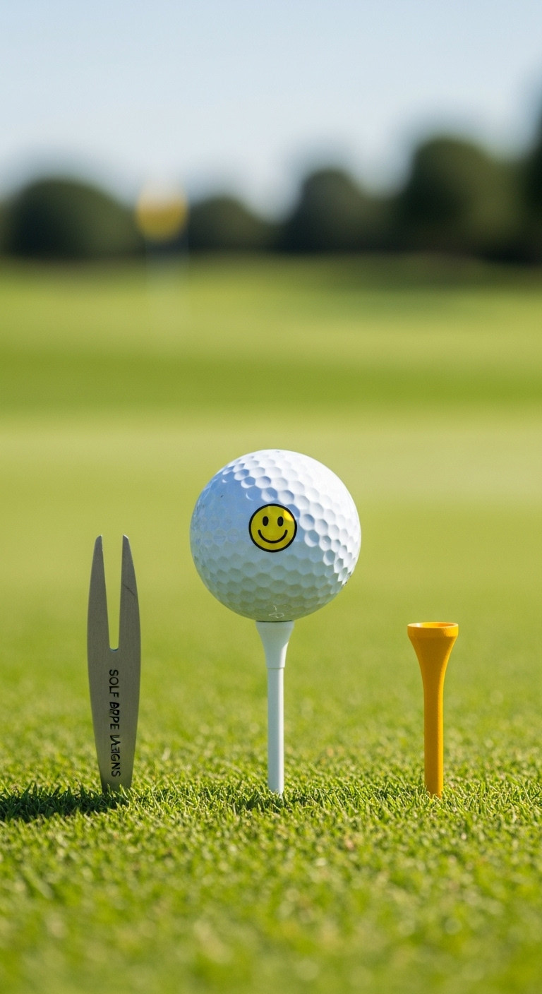7 Genius Golf Ball Sharpie Designs That Endure Play White Golf Ball With A Yellow Happy Face Emoji On Green Grass, Blurred Golf Course. Fun, Personalized Sharpie Golf Ball Design.