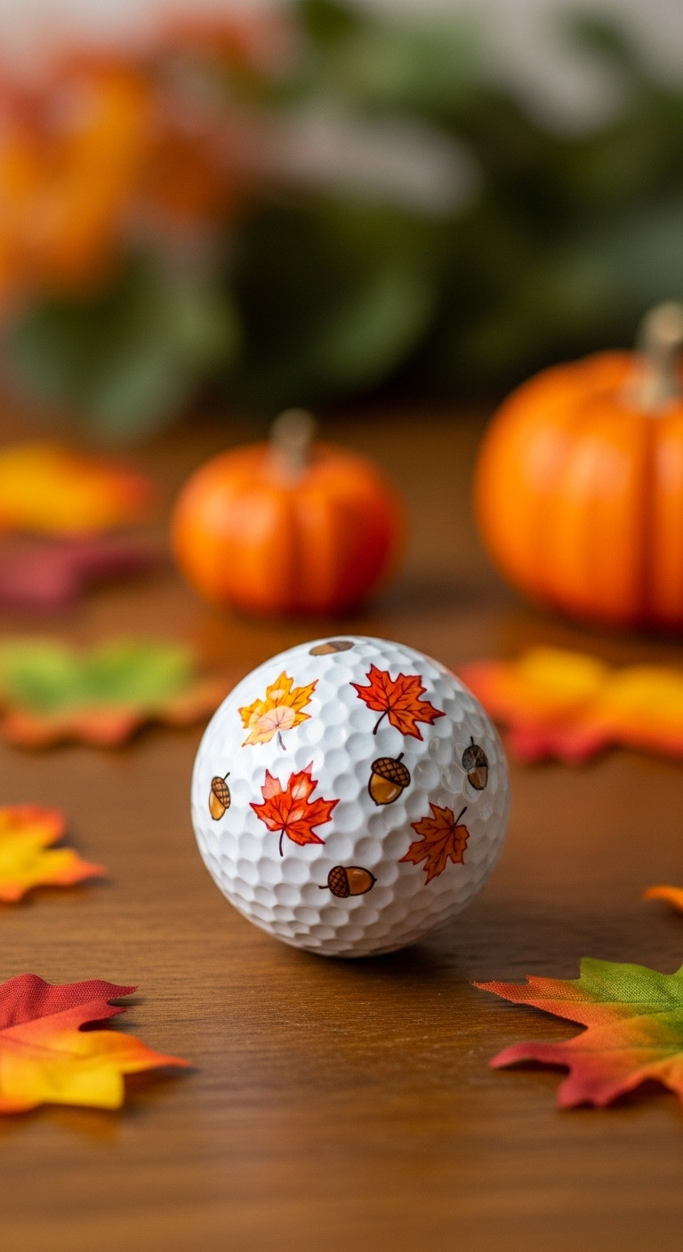 7 Genius Golf Ball Sharpie Designs That Endure Play White Golf Ball With Autumnal Leaves &Amp; Acorns Design On Rustic Wood. Blurred Fall Foliage. Festive, Cozy Custom Golf Ball.