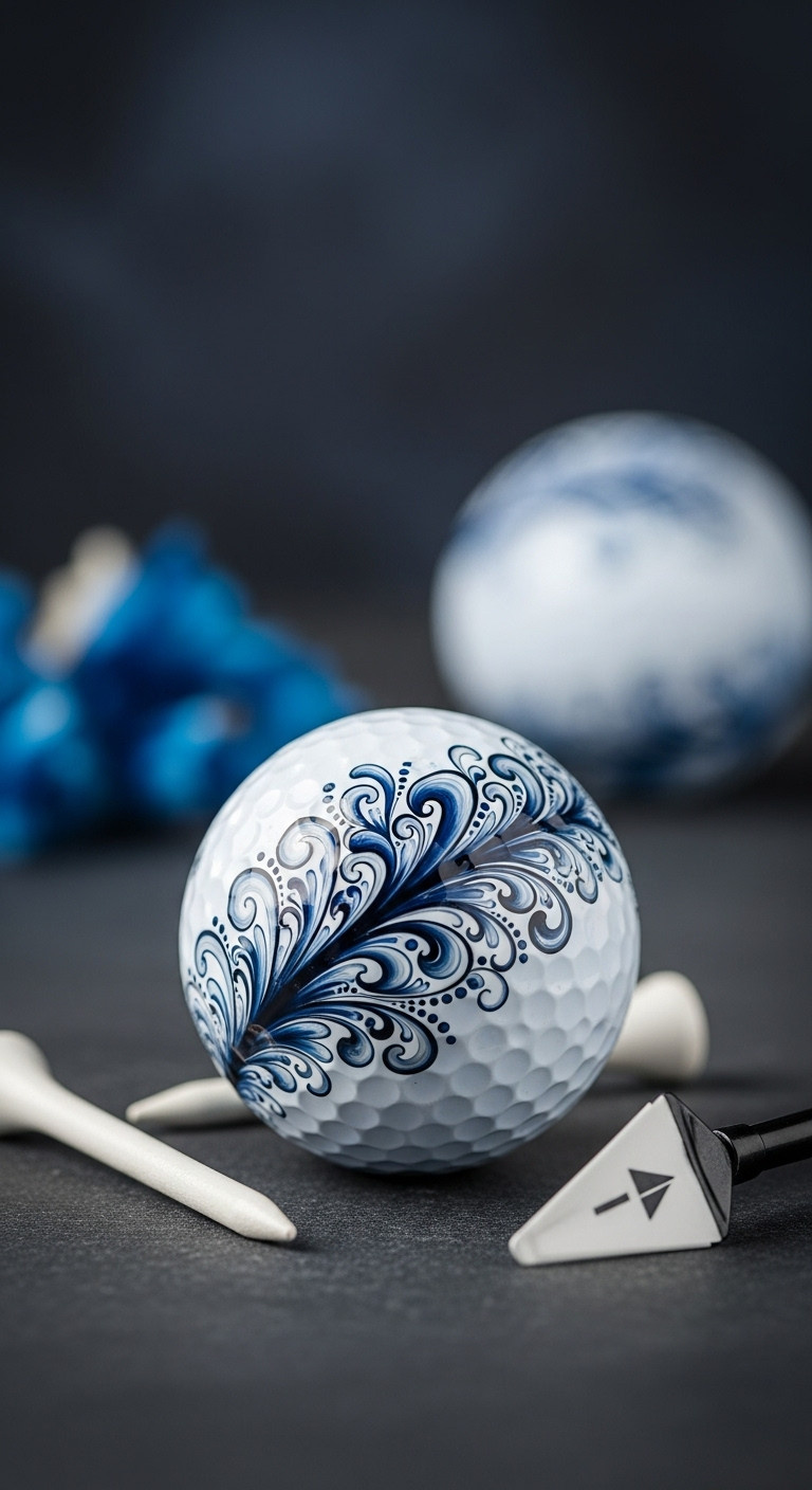 7 Genius Golf Ball Sharpie Designs That Endure Play White Golf Ball With Elegant Abstract Blue &Amp; Gray Swirls On Dark Stone, Minimalist Backdrop. Sophisticated Custom Sharpie Golf Ball.