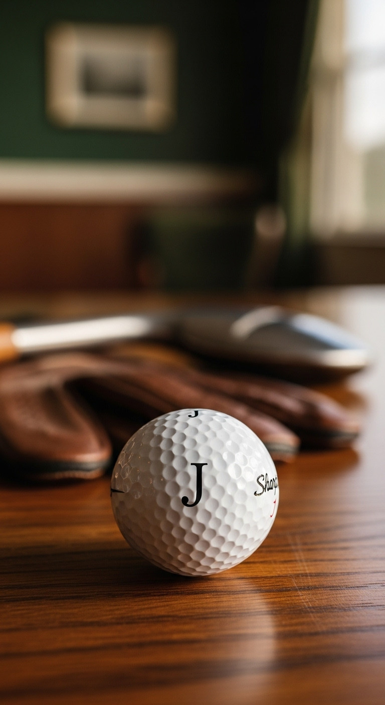 7 Genius Golf Ball Sharpie Designs That Endure Play White Golf Ball With Elegant Black Serif Initial 'J' On A Rustic Table, Blurred Golf Club. Personalized Sharpie Golf Ball Design.