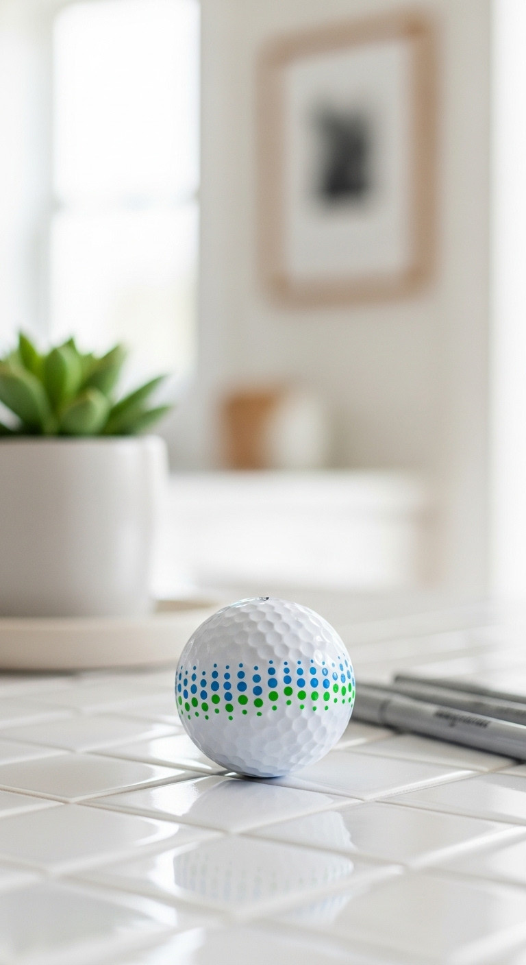 7 Genius Golf Ball Sharpie Designs That Endure Play White Golf Ball With Minimalist Blue And Green Dots In Dimples On White Ceramic Tile. Modern Custom Sharpie Golf Ball Design.