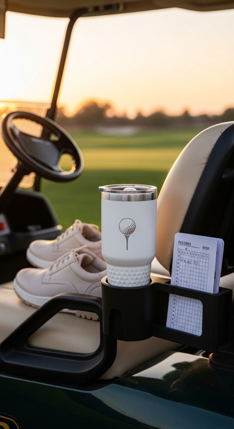 White Insulated Golf Ball Textured Tumbler With Custom Logo In Golf Cart Cup Holder At Sunset