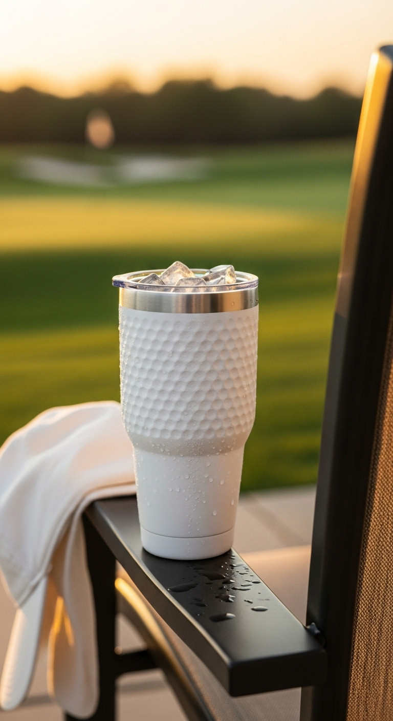 White Insulated Golf Ball Textured Tumbler With Iced Beverage On A Patio Chair Overlooking A Golf Course At Sunset