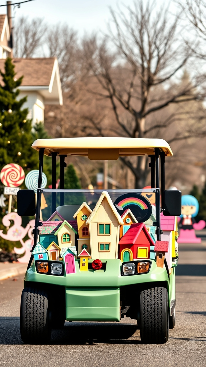Whoville Comes To Life Golf Cart Covered In Whimsical Pastel Houses Oversized Lollipops And Character Cutouts For Christmas