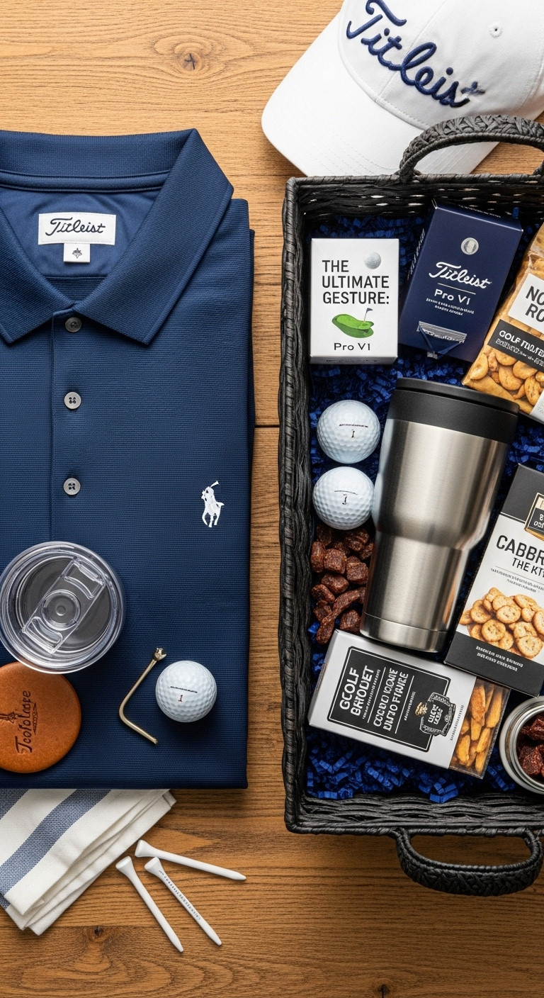 Wicker Gift Basket Overflowing With Golf Polo Golf Balls Tumbler Log Book And Snacks