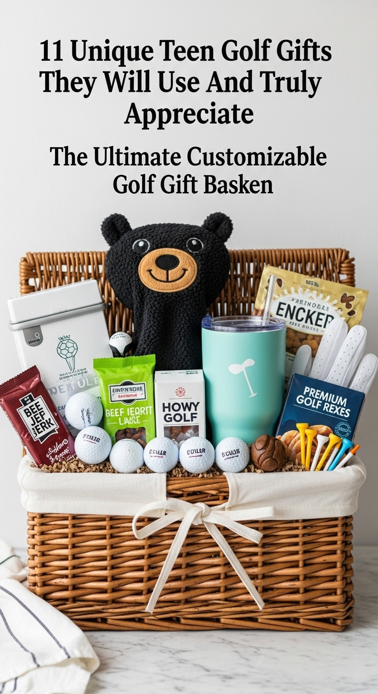 Wicker Gift Basket Overflowing With Personalized Golf Balls Animal Headcover Tumbler Golf Glove Tees And Snacks