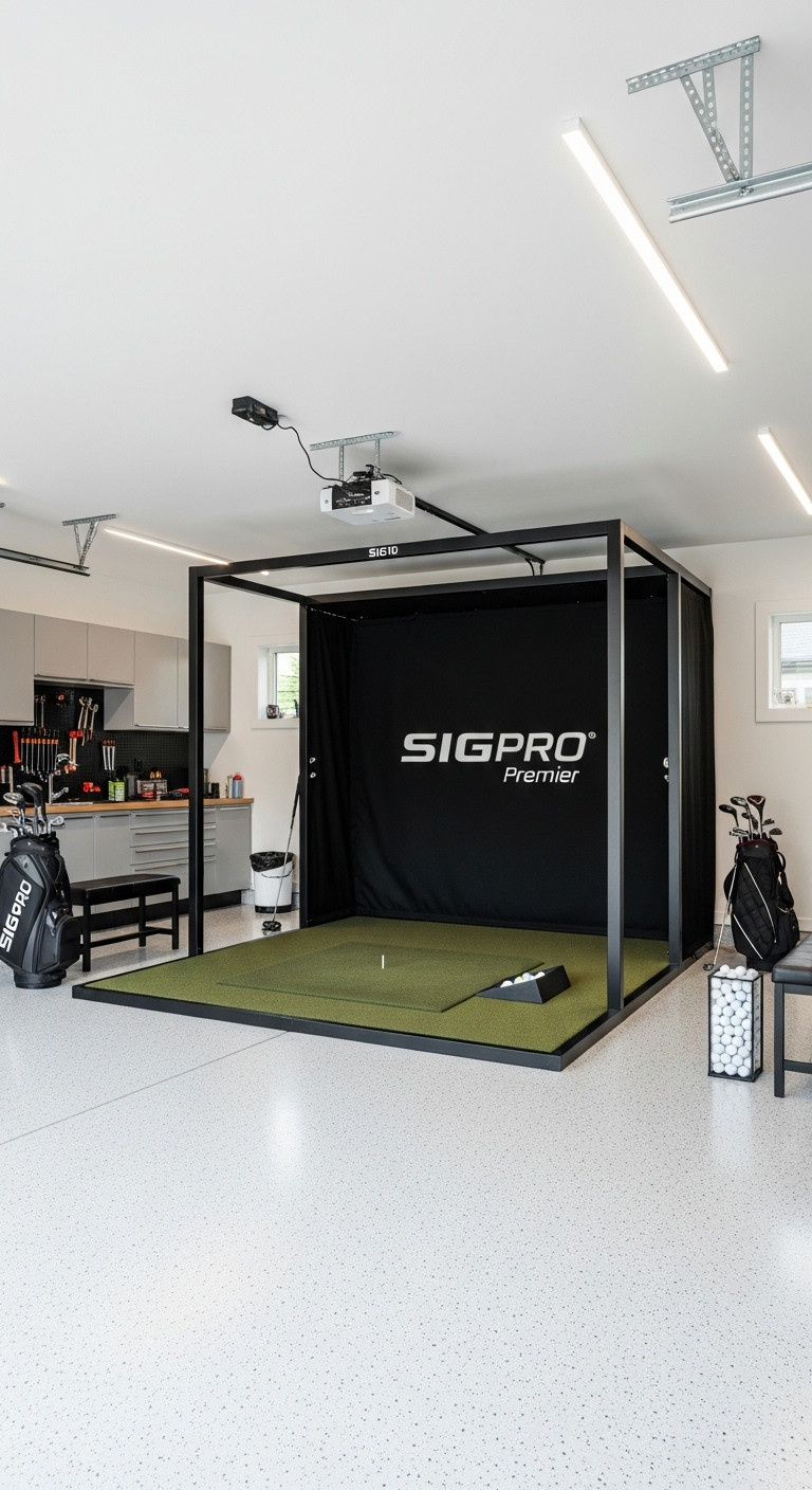 Wide Shot Of A Complete Golf Simulator Enclosure In A Stylishly Converted Garage With Organized Elements